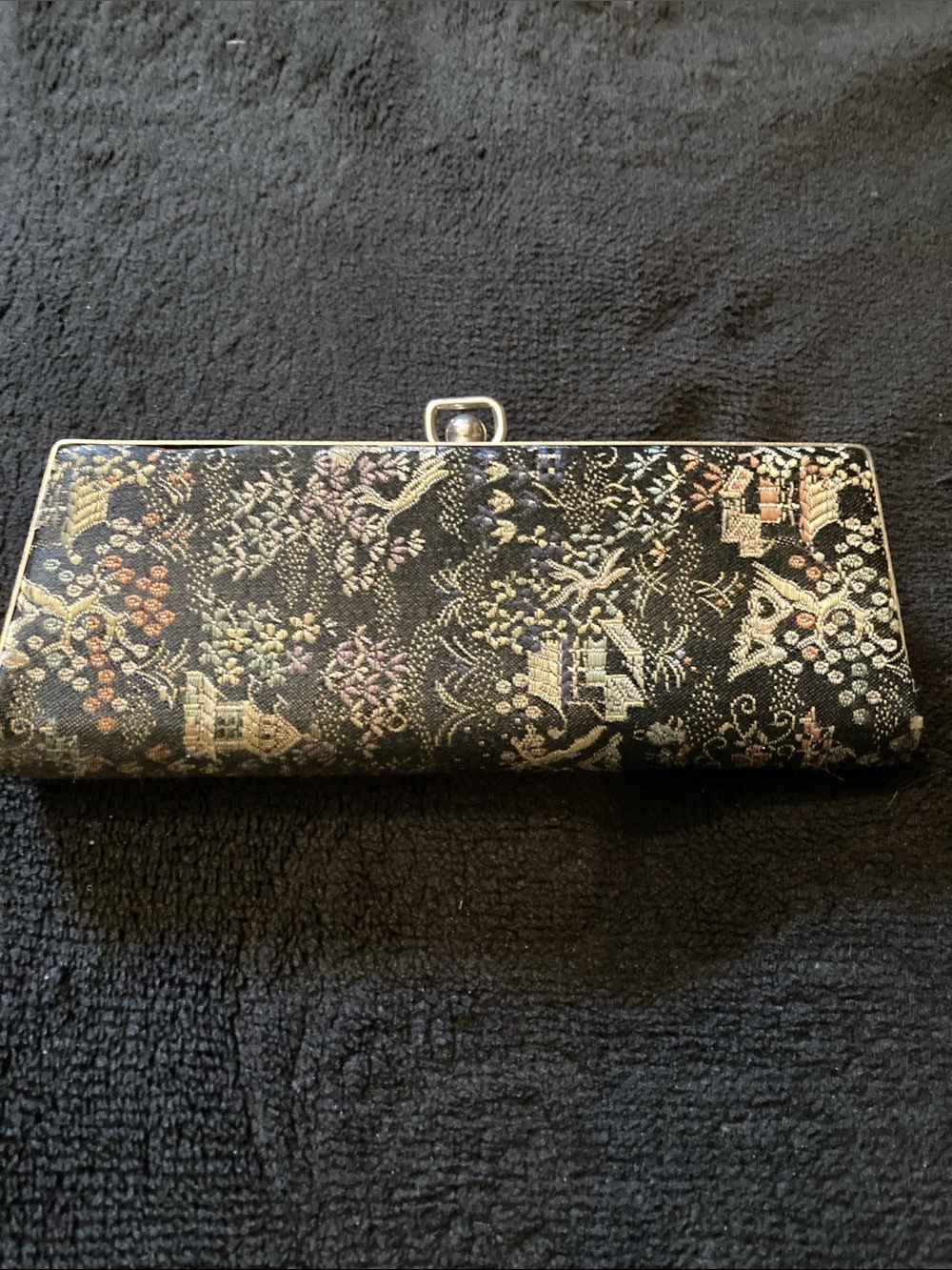 Vintage Black Brocade Eyeglass Case with Multicolor Floral Motif.